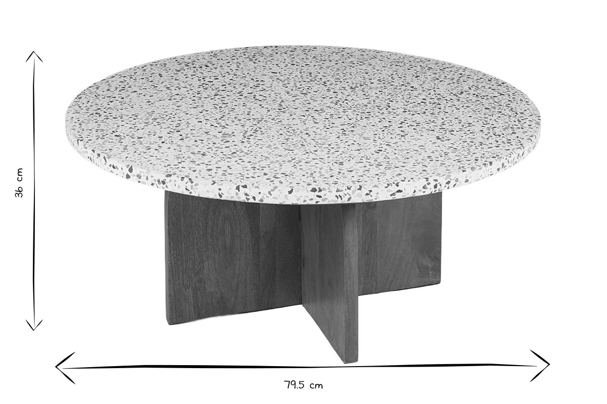 Mesa baja redonda de terrazo y madera oscura, dimensiones 79.5 cm x 36 cm, vista lateral, negro y blanco.