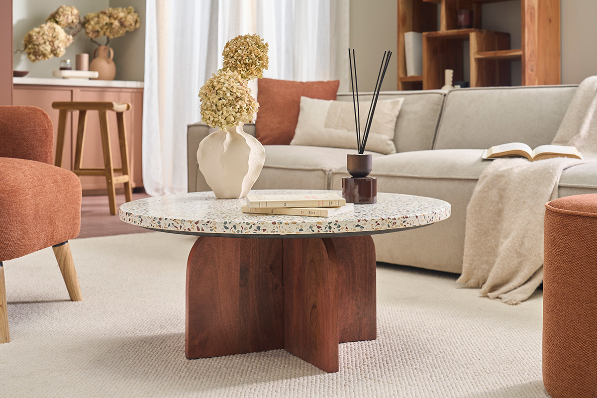 Mesa baja redonda en terrazzo y madera oscura de mango macizo D79.5 cm NESSA