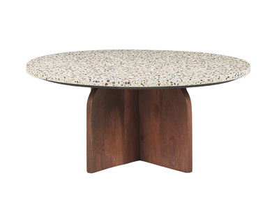 Mesa baja redonda en terrazzo y madera oscura de mango macizo D79.5 cm NESSA