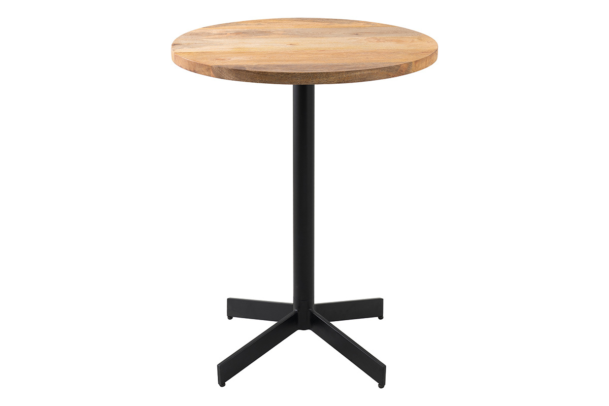 Mesa de bistr� redonda de madera maciza y metal negro, D60 cm, vista frontal.