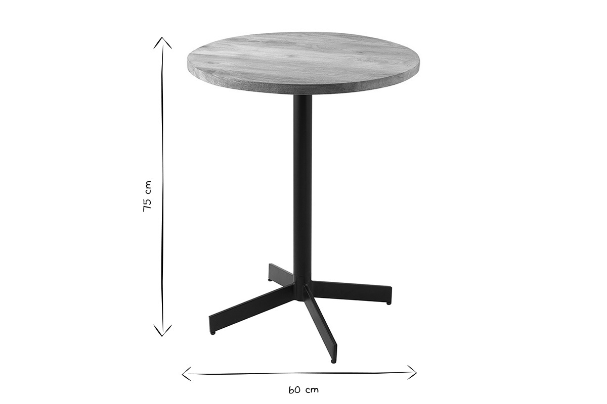 Dimensiones de la mesa de caf� redonda de madera maciza y metal, altura 75 cm, di�metro 60 cm, imagen en blanco y negro.