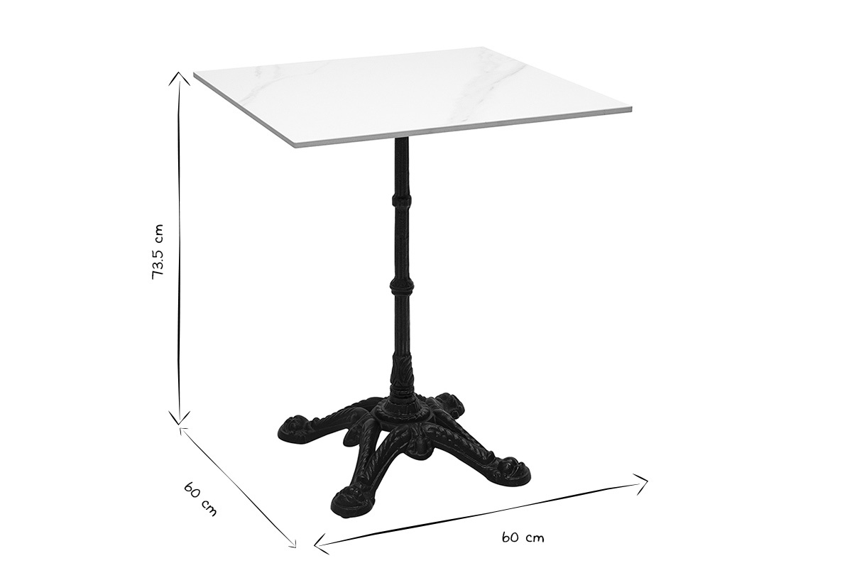 Dimensiones de la mesa bistr� cuadrada CONTY de m�rmol y metal, 60x60x73,5 cm, en negro y blanco.