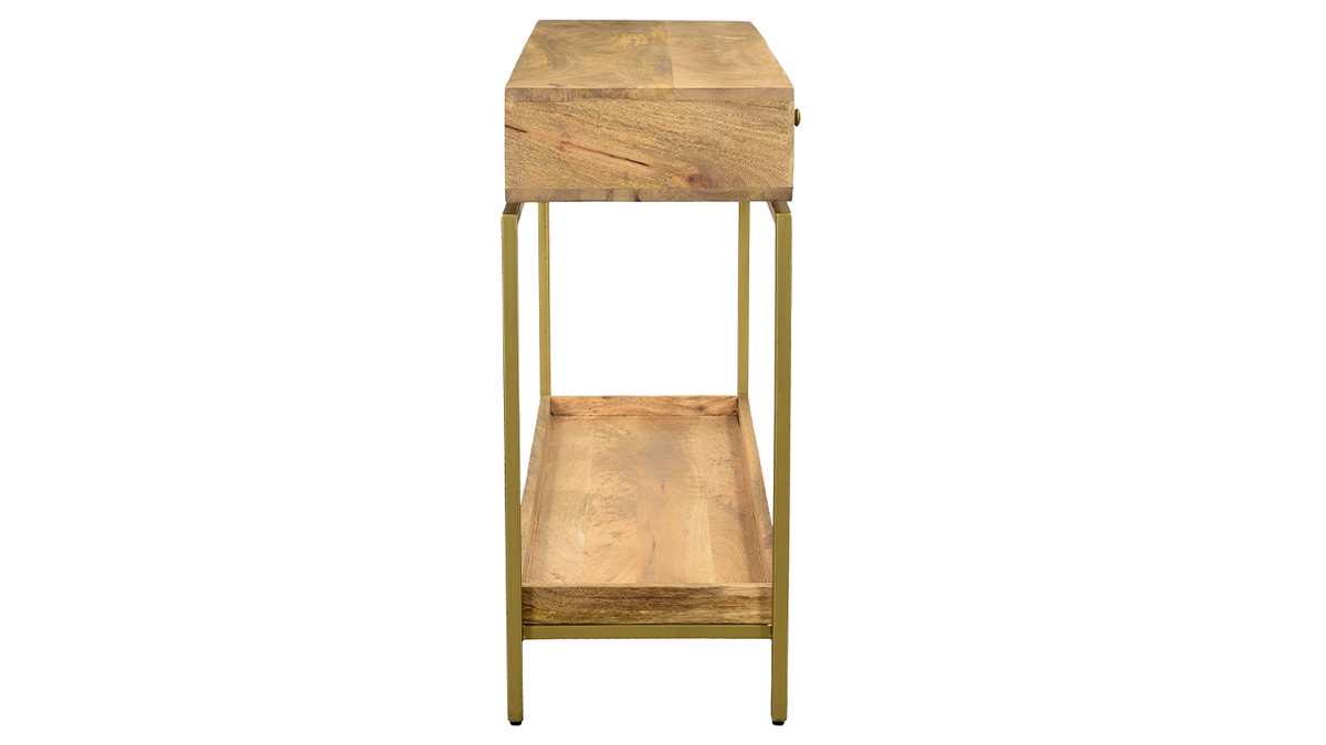 Mesa consola con 2 cajones de madera clara y maciza de mango y metal dorado 110 cm OCTAVIE