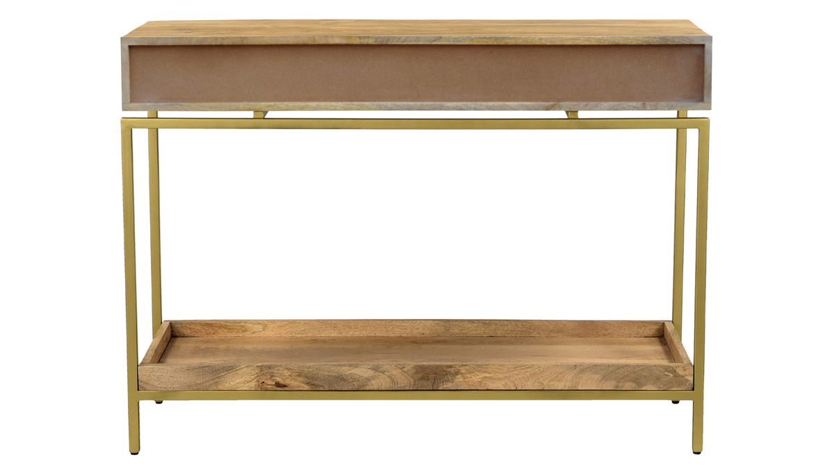 Mesa consola con 2 cajones de madera clara y maciza de mango y metal dorado 110 cm OCTAVIE