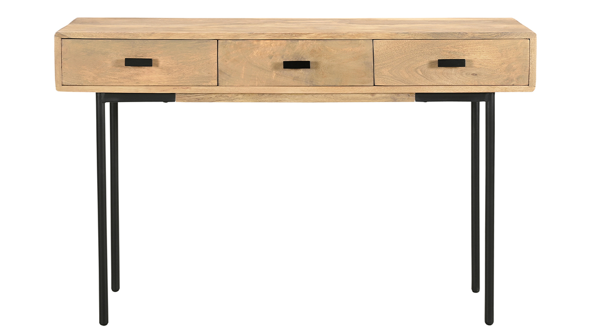 Mesa consola con 3 cajones de madera clara y maciza de mango y metal negro  120 cm JUDE - Miliboo