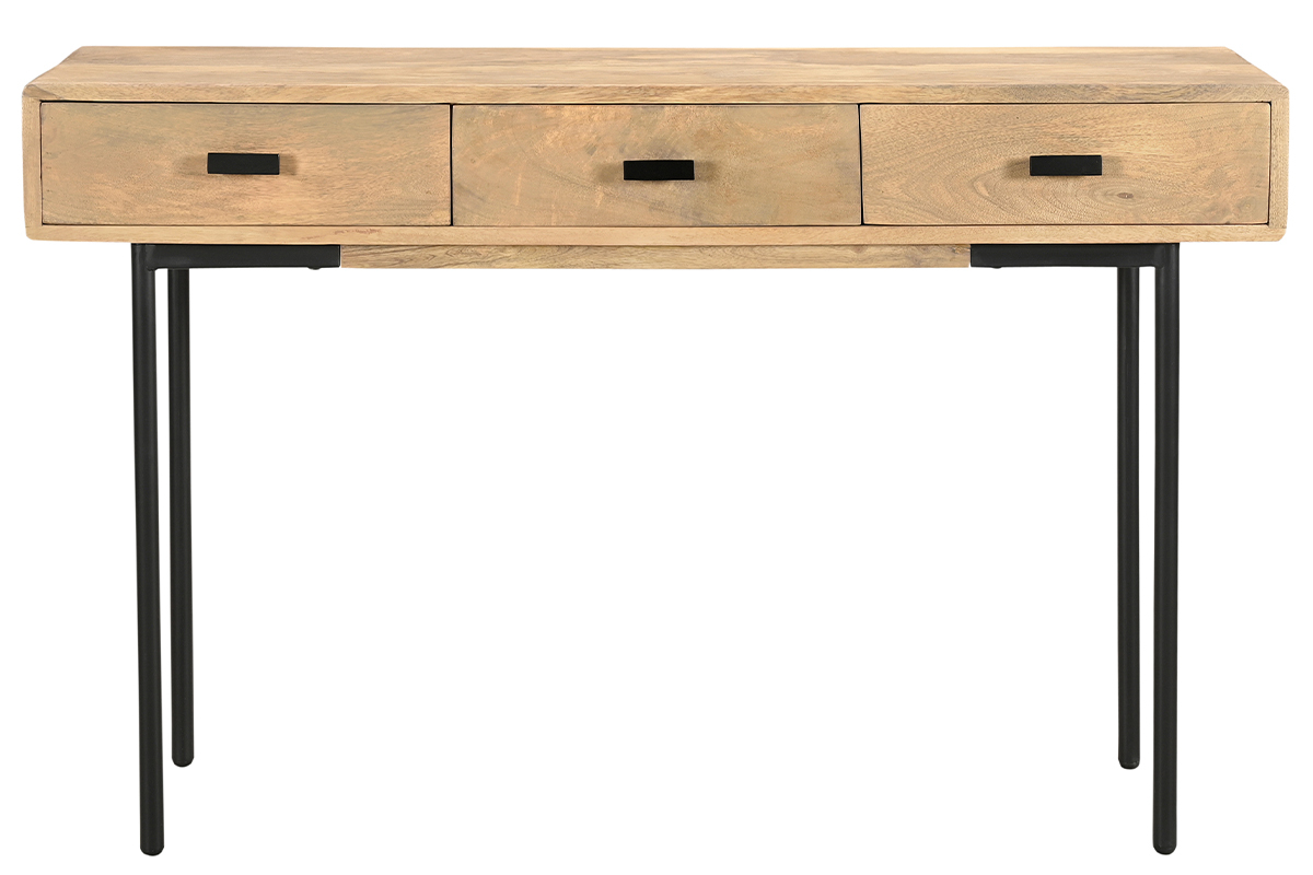 Mesa consola con 3 cajones de madera clara y maciza de mango y metal negro 120 cm JUDE