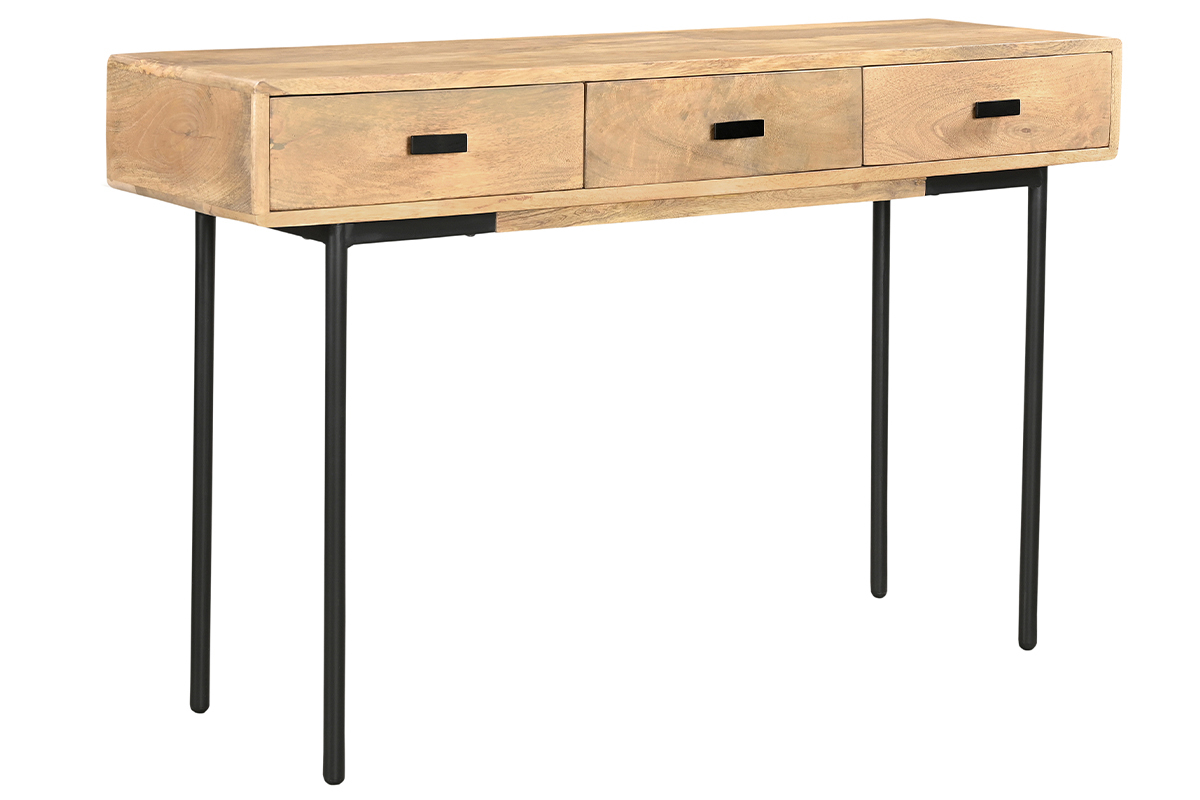 Mesa consola con 3 cajones de madera clara y maciza de mango y metal negro 120 cm JUDE