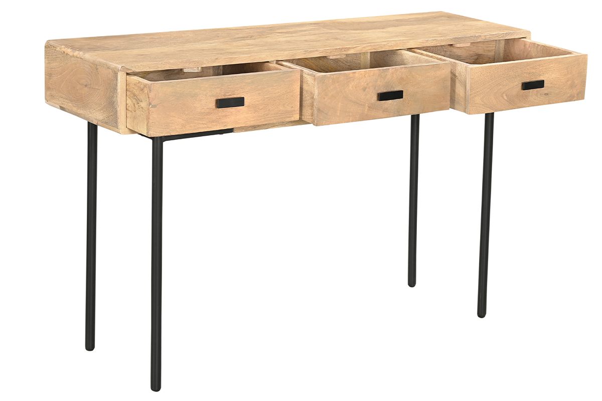 Mesa consola con 3 cajones de madera clara y maciza de mango y metal negro 120 cm JUDE