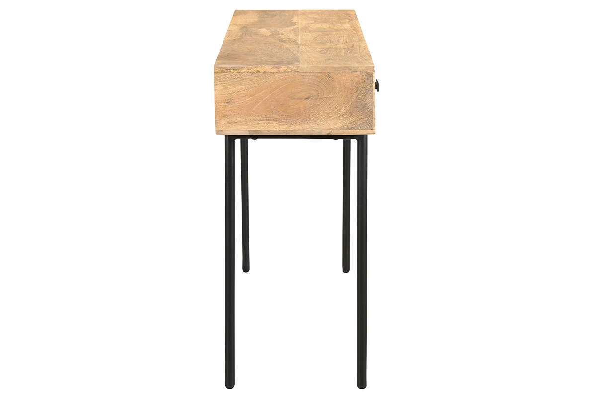 Mesa consola con 3 cajones de madera clara y maciza de mango y metal negro 120 cm JUDE