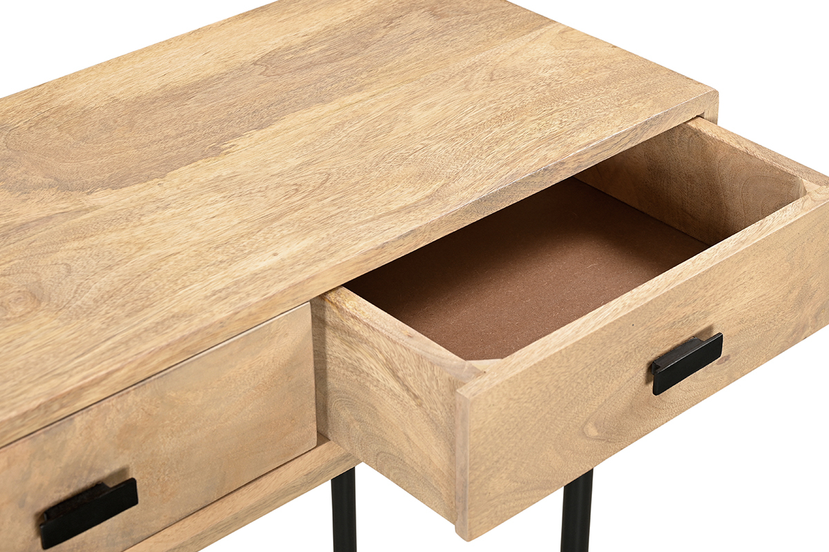 Mesa consola con 3 cajones de madera clara y maciza de mango y metal negro 120 cm JUDE