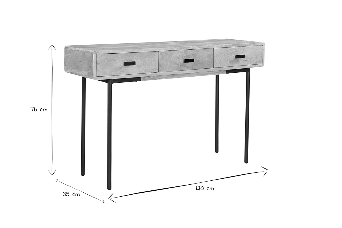 Mesa consola con 3 cajones de madera clara y maciza de mango y metal negro 120 cm JUDE
