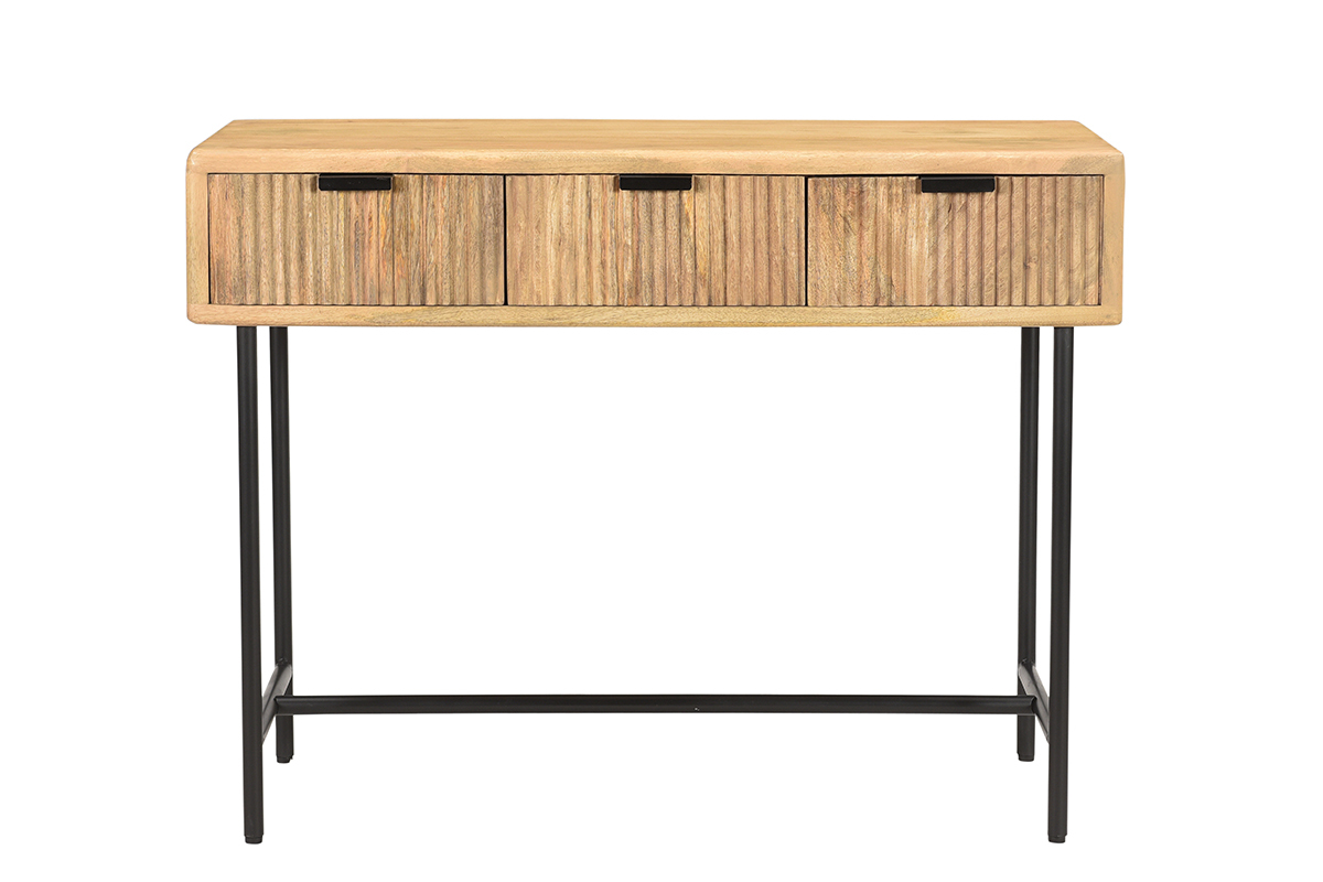 Mesa consola con 3cajones de madera de mango maciza y metal negro 100cm MORISSON