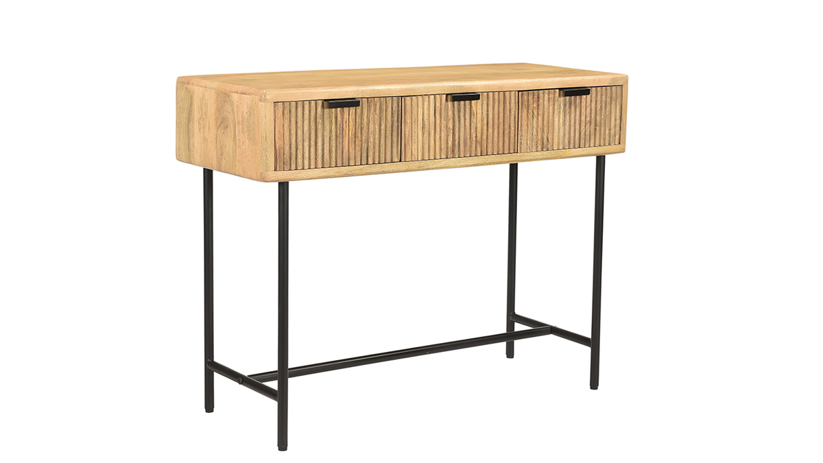 Mesa consola con 3cajones de madera de mango maciza y metal negro 100cm MORISSON