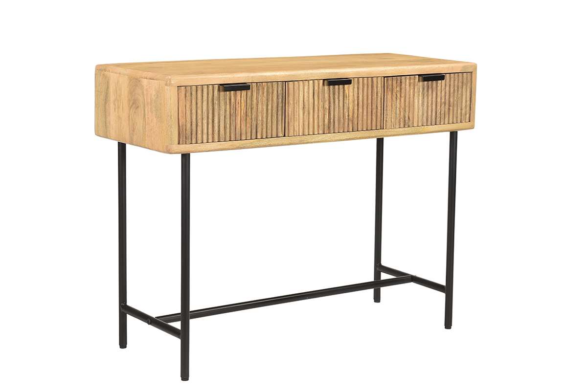 Mesa consola con 3cajones de madera de mango maciza y metal negro 100cm MORISSON