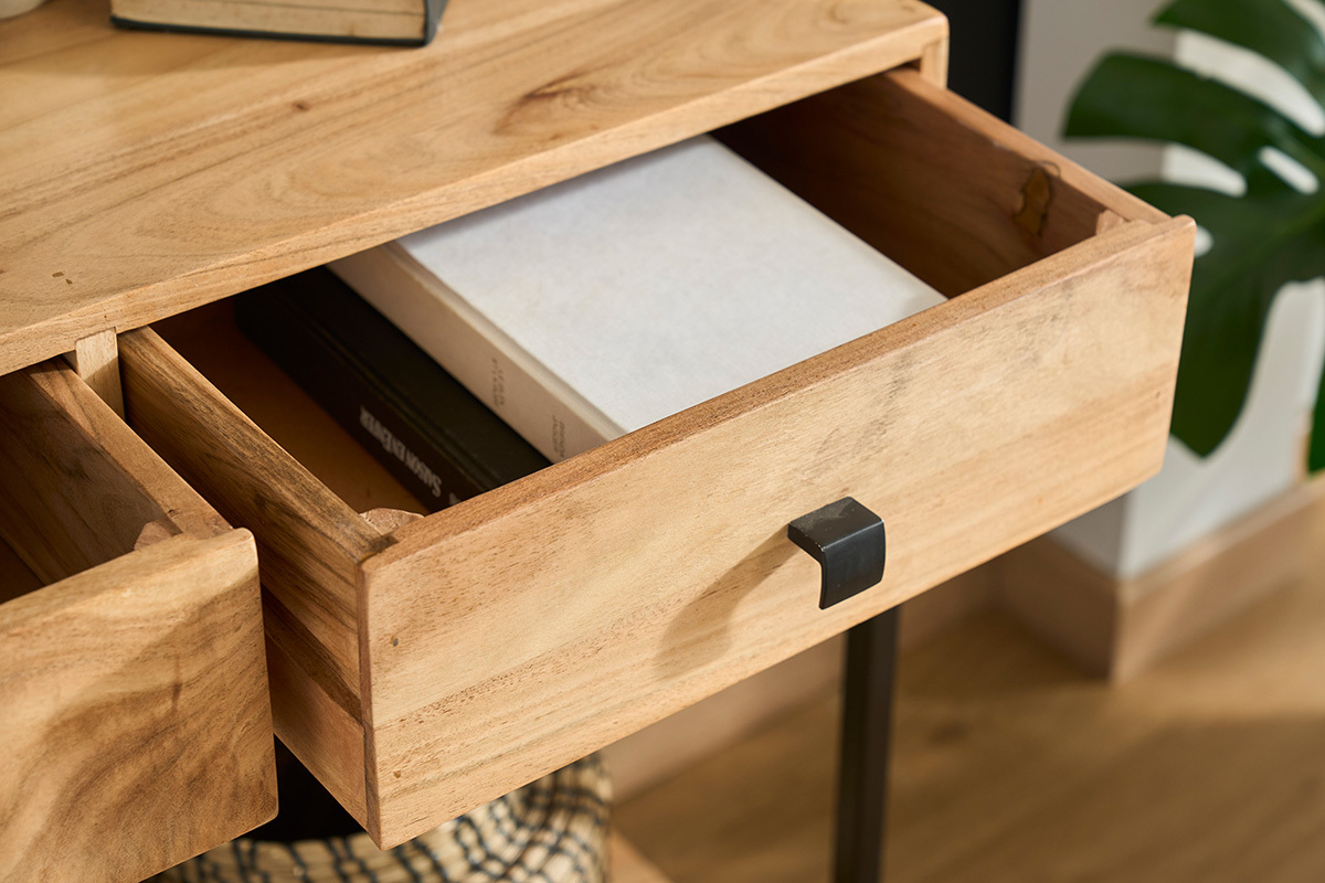 Mesa consola de acacia y metal con 2cajones 80cm AXELLE