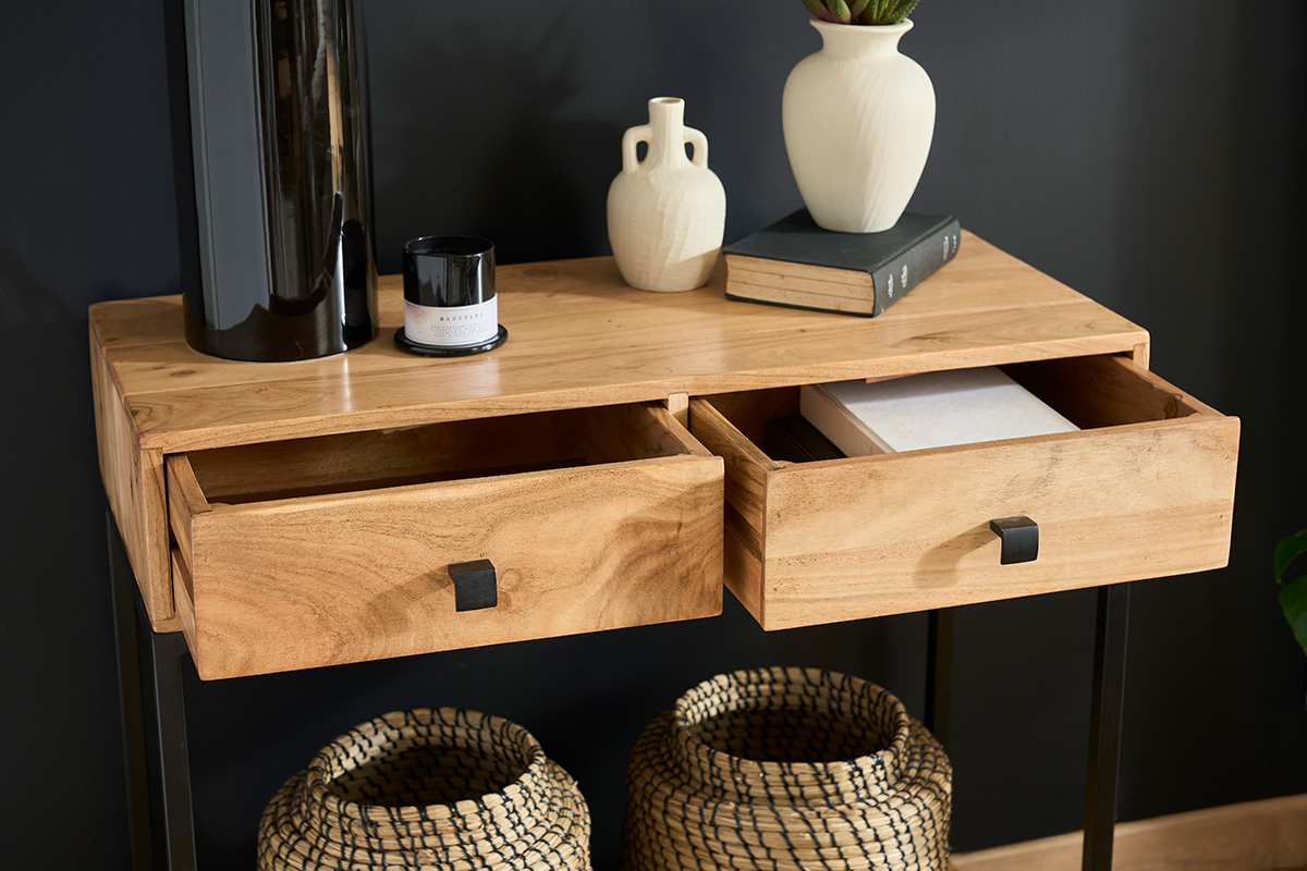 Mesa consola de acacia y metal con 2cajones 80cm AXELLE