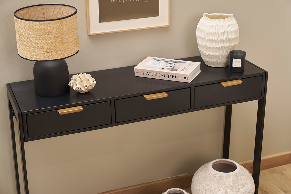 Mesa consola de diseo con cajones negros y dorados 115 cm AVIDAN