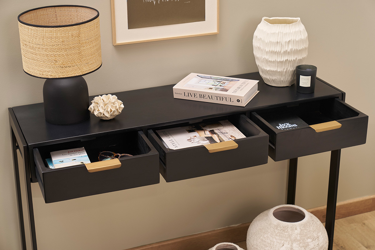 Mesa consola de diseo con cajones negros y dorados 115 cm AVIDAN