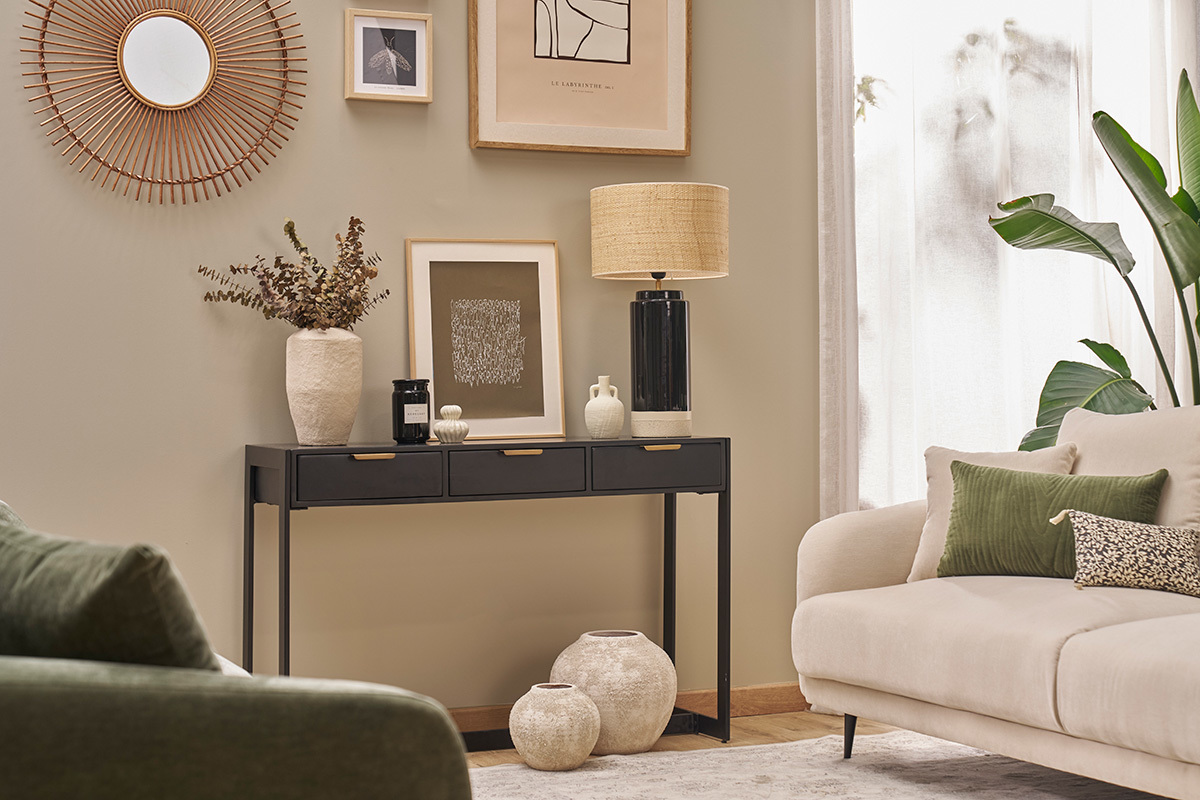 Mesa consola de diseo con cajones negros y dorados 115 cm AVIDAN