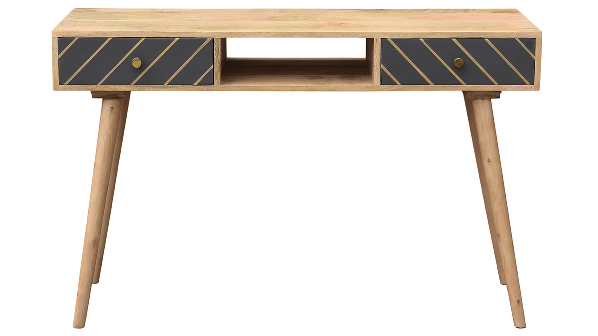 Mesa consola de madera maciza de mango con cajones antracita y dorado 120 cm WALTER