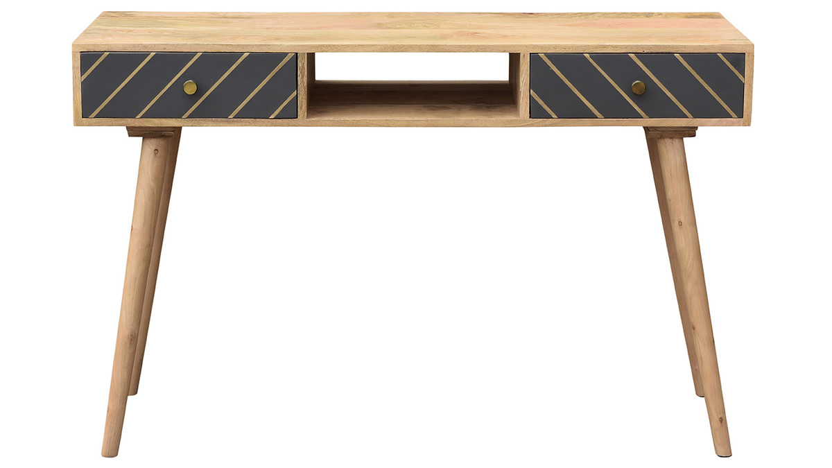 Mesa consola de madera maciza de mango con cajones antracita y dorado 120cm WALTER