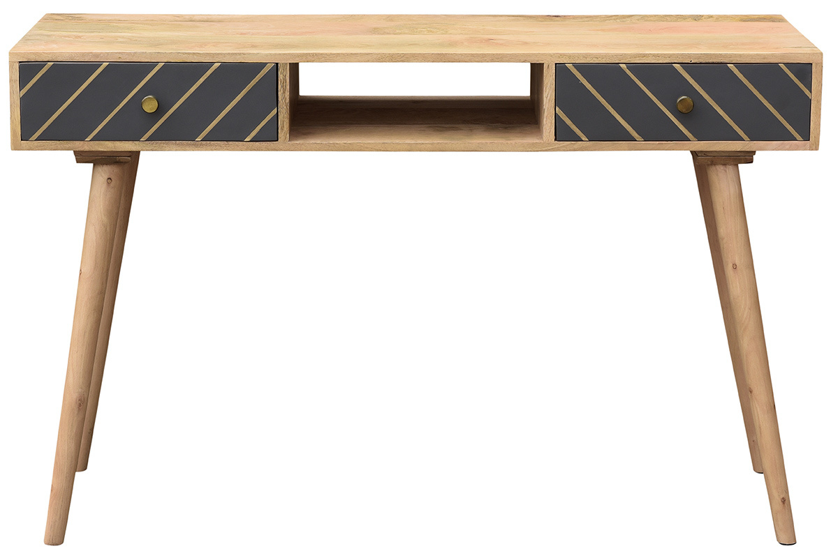 Mesa consola de madera maciza de mango con cajones antracita y dorado 120cm WALTER
