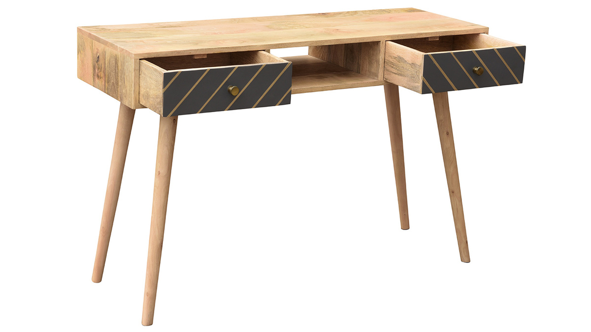 Mesa consola de madera maciza de mango con cajones antracita y dorado 120cm WALTER