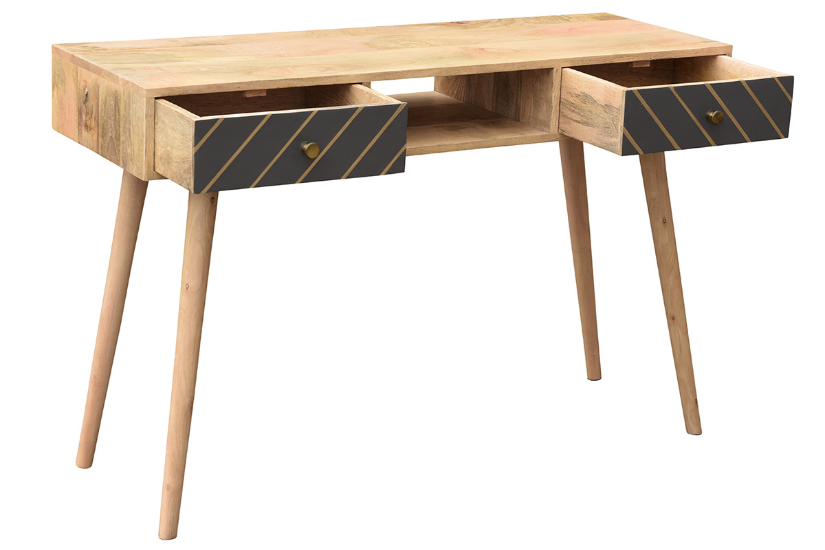 Mesa consola de madera maciza de mango con cajones antracita y dorado 120cm WALTER