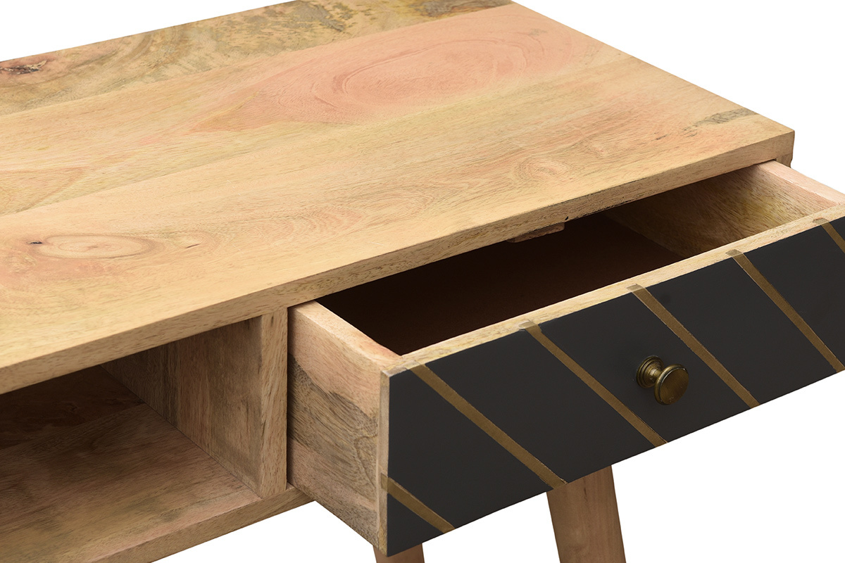Mesa consola de madera maciza de mango con cajones antracita y dorado 120cm WALTER