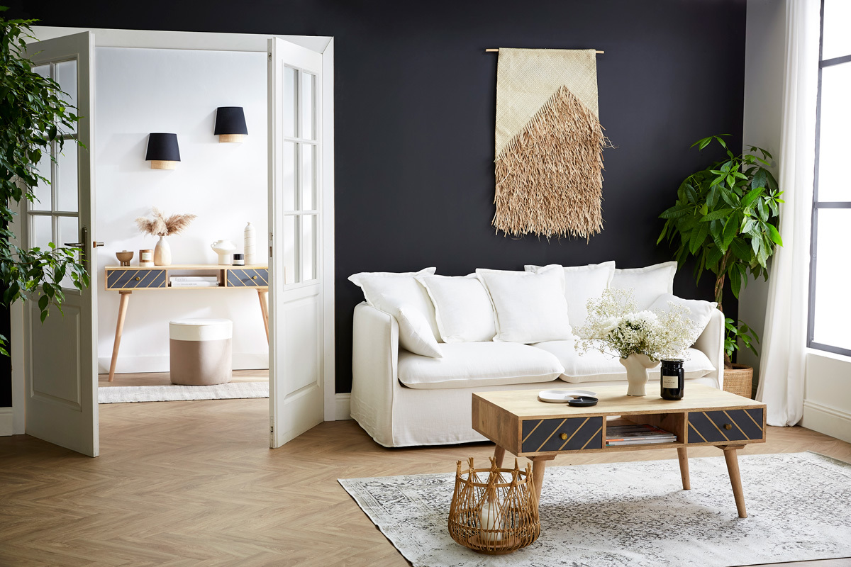 Mesa consola de madera maciza de mango con cajones antracita y dorado 120cm WALTER