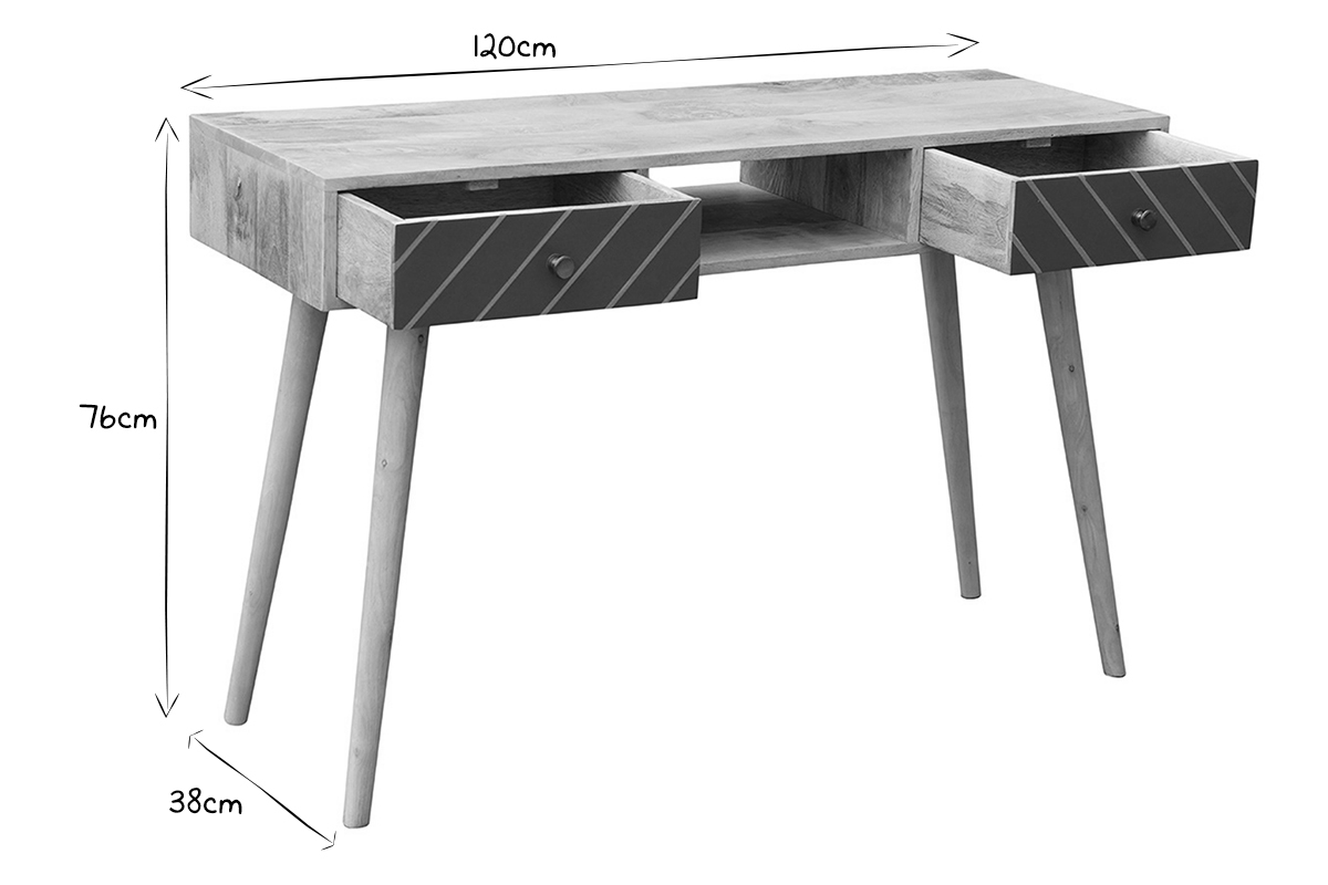 Mesa consola de madera maciza de mango con cajones antracita y dorado 120cm WALTER