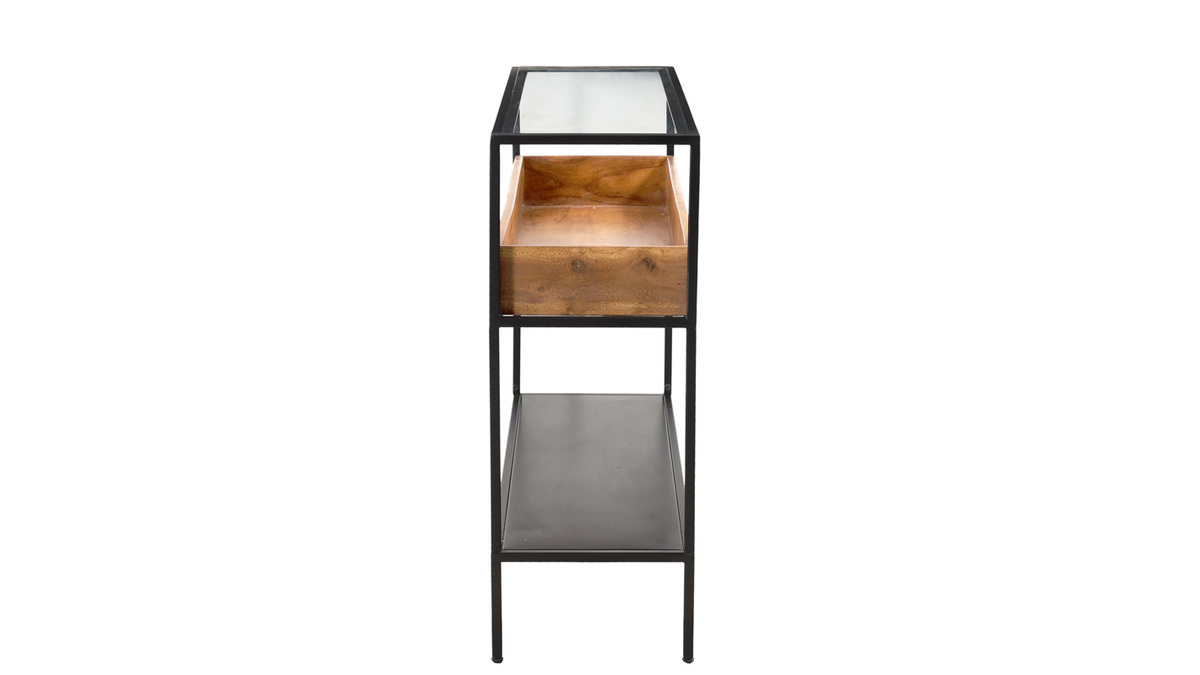 Mesa consola de metal negro con tablero de cristal y estante de madera maciza 100 cm HAORA