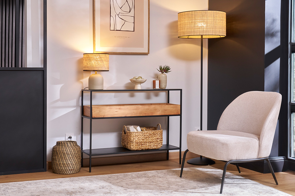 Mesa consola de metal negro con tablero de cristal y estante de madera maciza 100 cm HAORA
