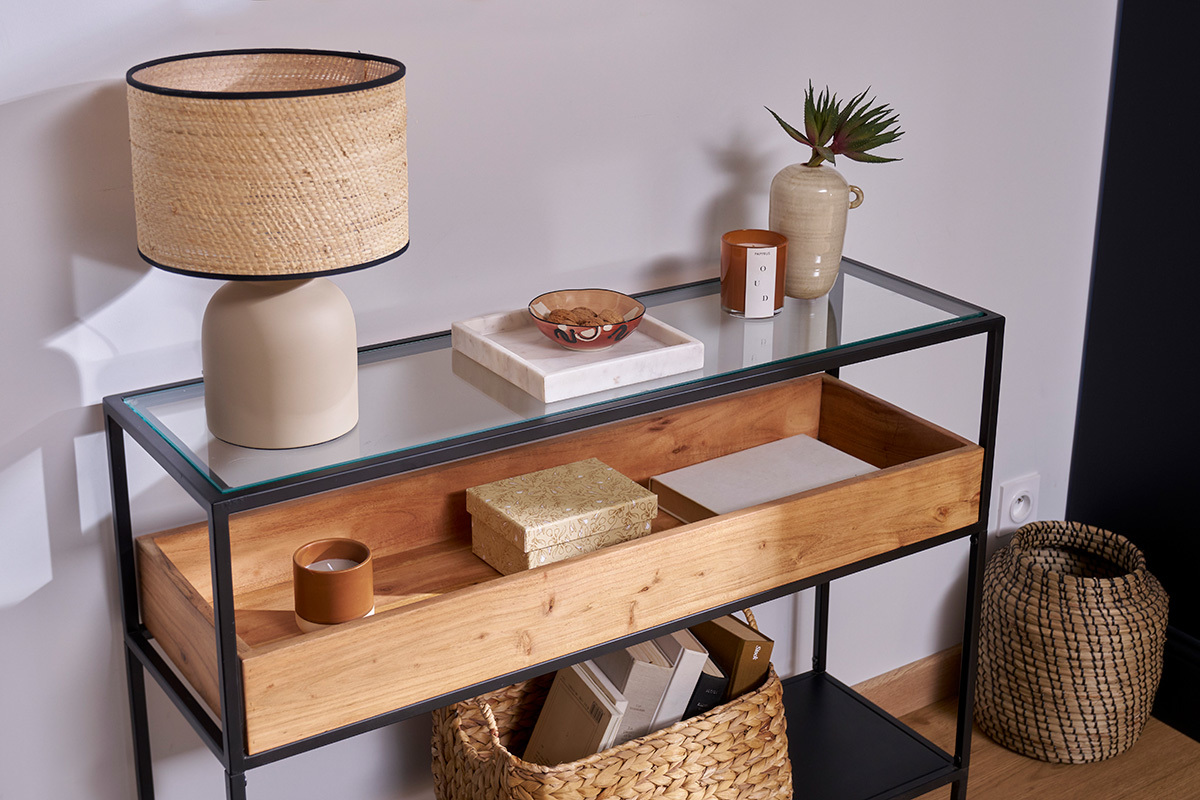 Mesa consola de metal negro con tablero de cristal y estante de madera maciza 100 cm HAORA