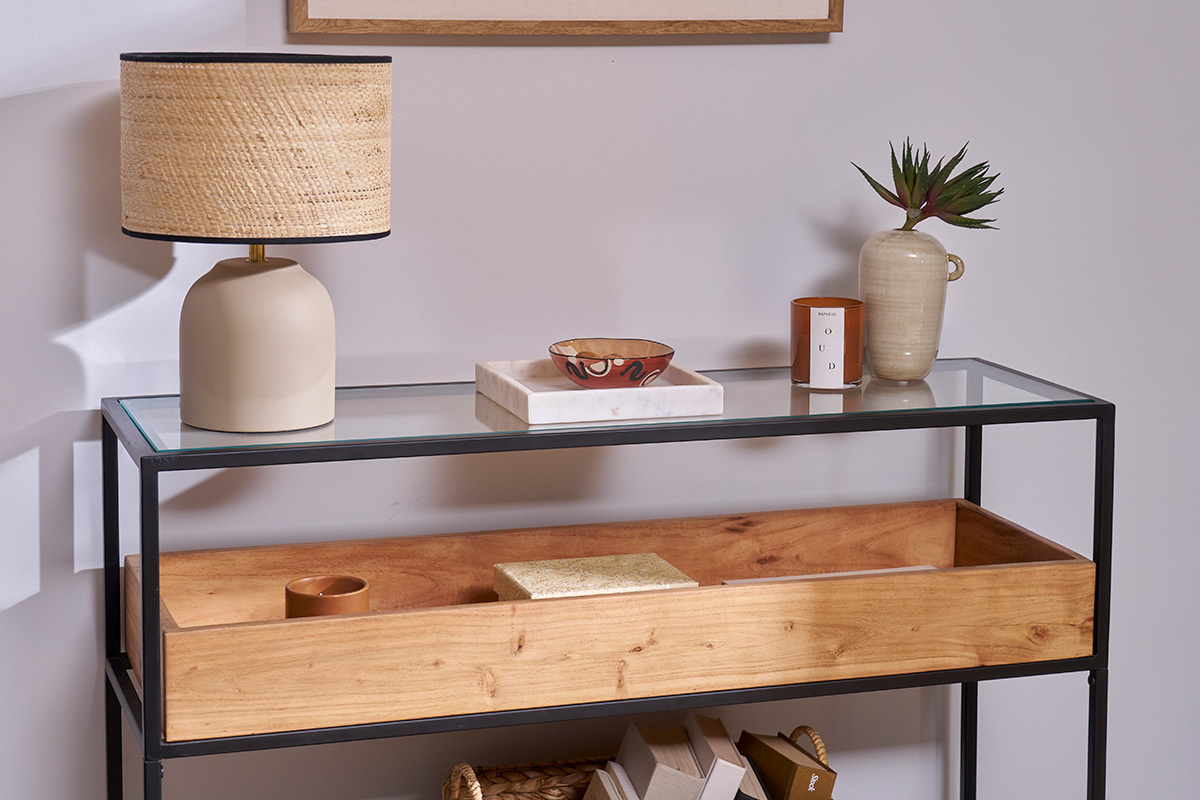 Mesa consola de metal negro con tablero de cristal y estante de madera maciza 100 cm HAORA