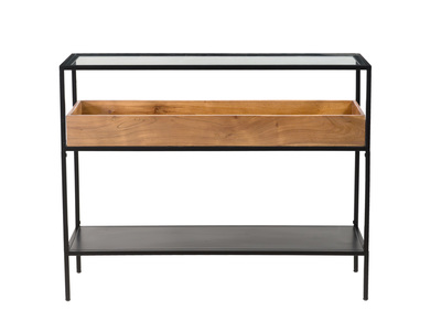 Mesa consola de metal negro con tablero de cristal y estante de madera maciza 100 cm HAORA