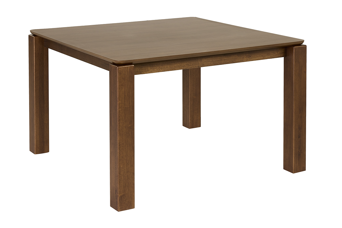 Mesa de comedor cuadrada de madera oscura, vista en 3/4, dimensiones L120 cm.