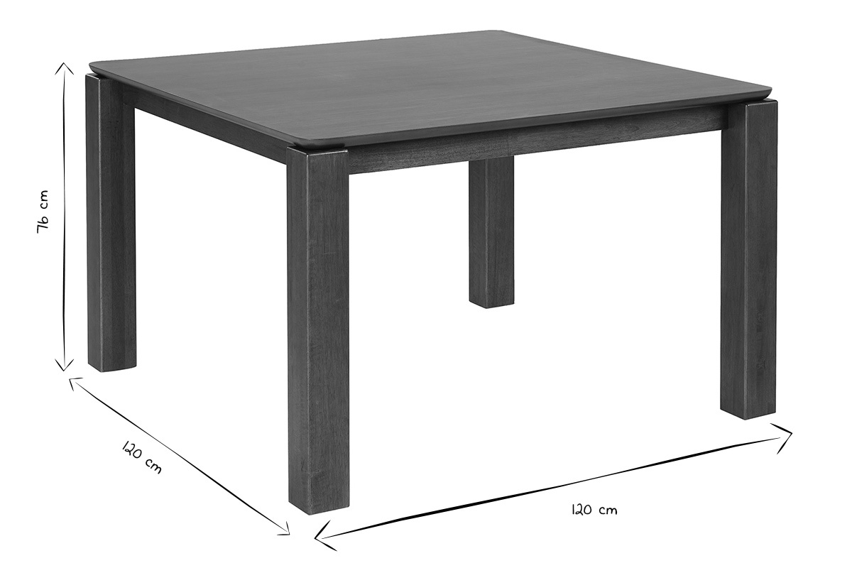 Mesa de comedor cuadrada de madera oscura L120 cm, altura 76 cm, dimensiones en negro y blanco.