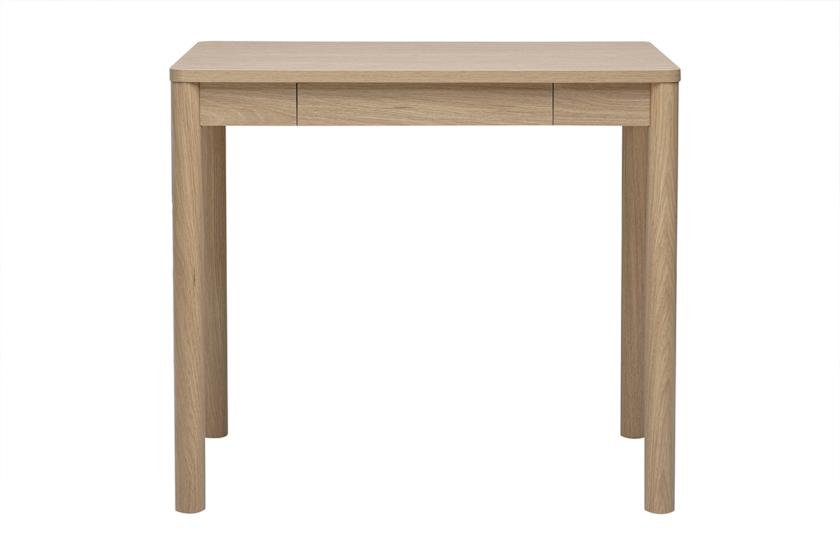 Mesa de bar alta de madera clara de roble con caj�n, vista frontal, dimensiones L110 cm