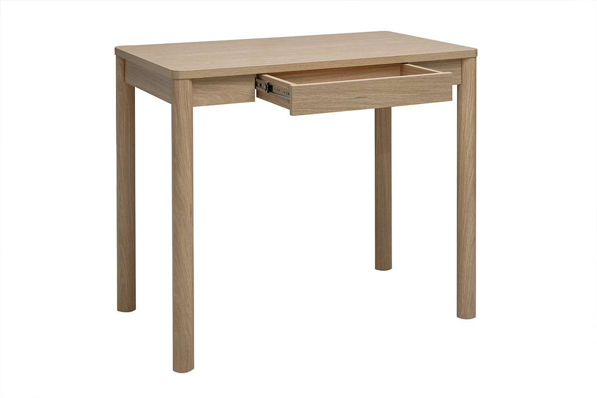 Mesa de bar de madera clara de roble con caj�n, vista de 3/4