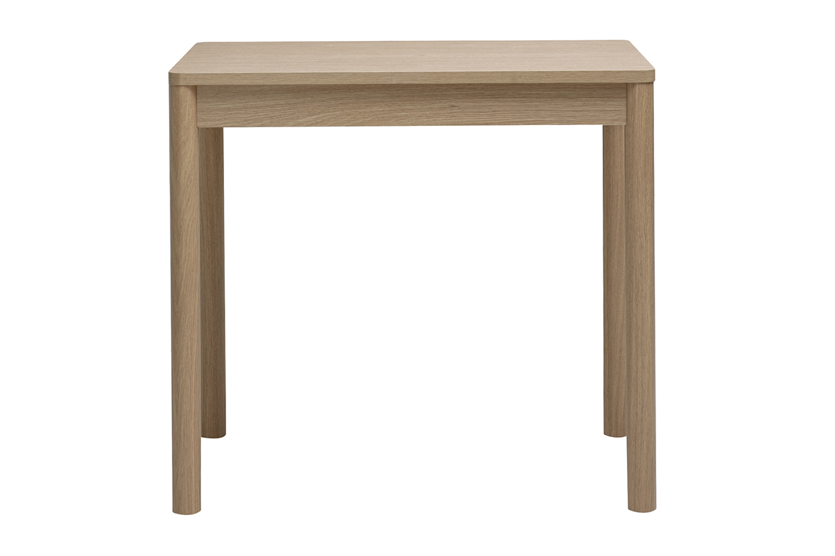 Mesa de bar de madera clara con acabado roble, vista trasera, con caj�n integrado.