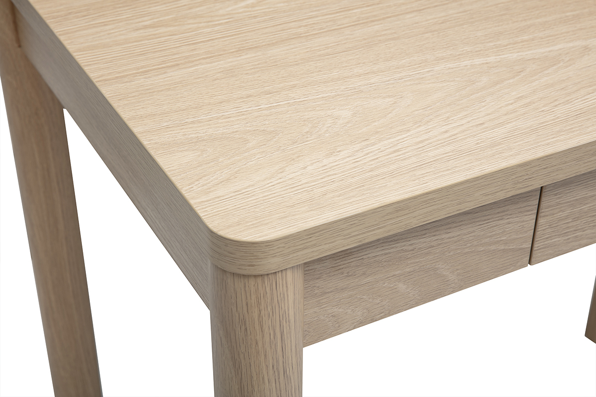 Mesa de bar IZZIE de madera clara, vista de perfil con caj�n integrado.