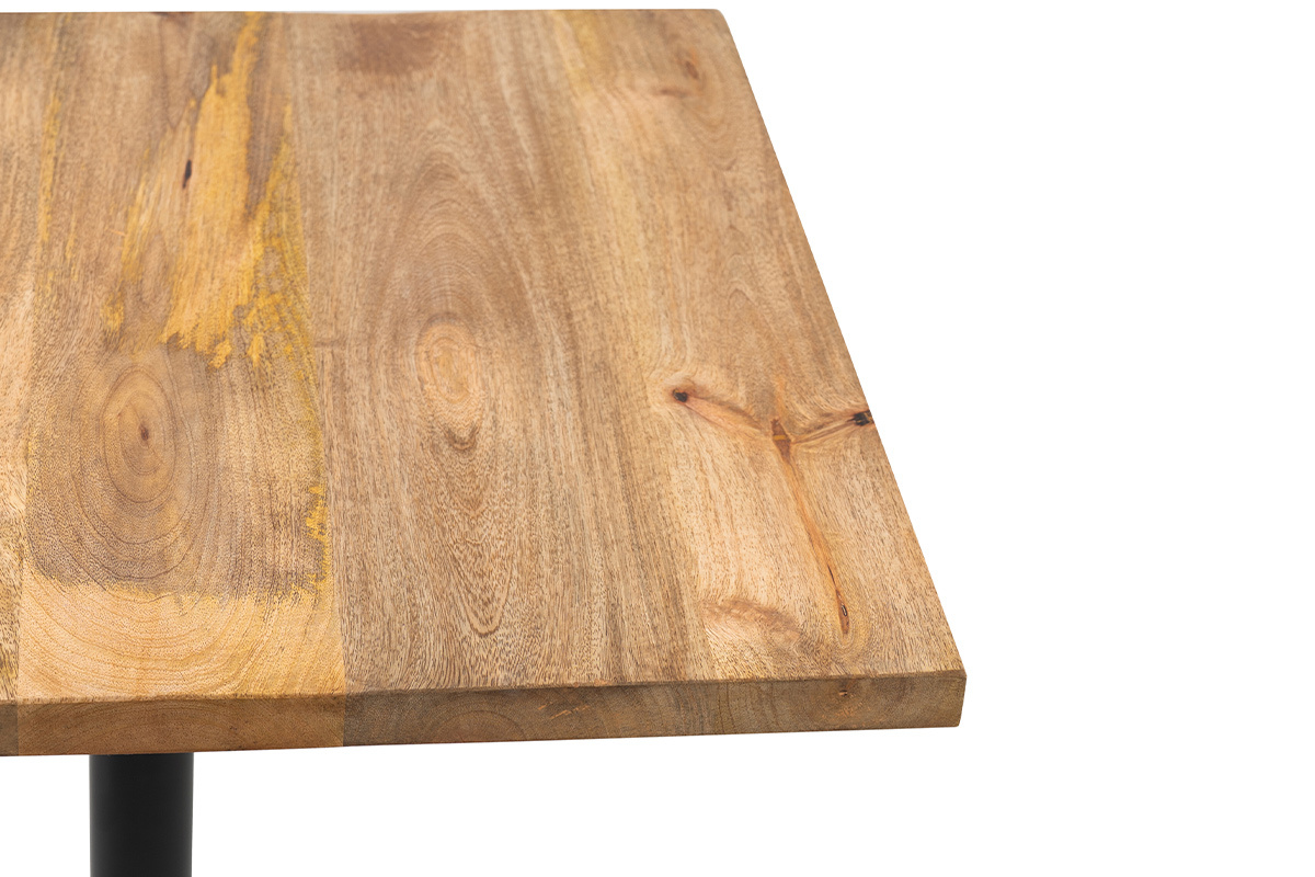 Plataforma de mesa de bistr� cuadrada en madera de mango maciza, �ngulo superior, estructura de metal negro.