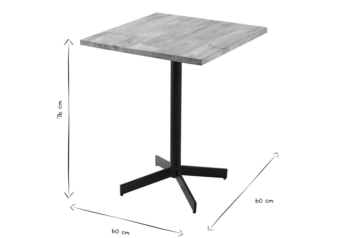 Dimensiones de la mesa de bar cuadrada de madera y metal negro, D60 cm, vista lateral