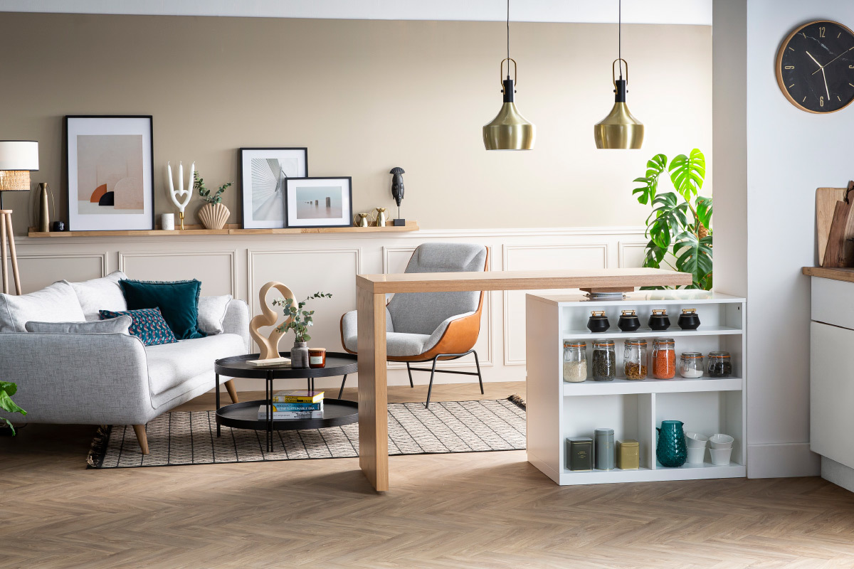 Mesa de bar modulable con almacenaje blanco mate y roble A91 cm MAX