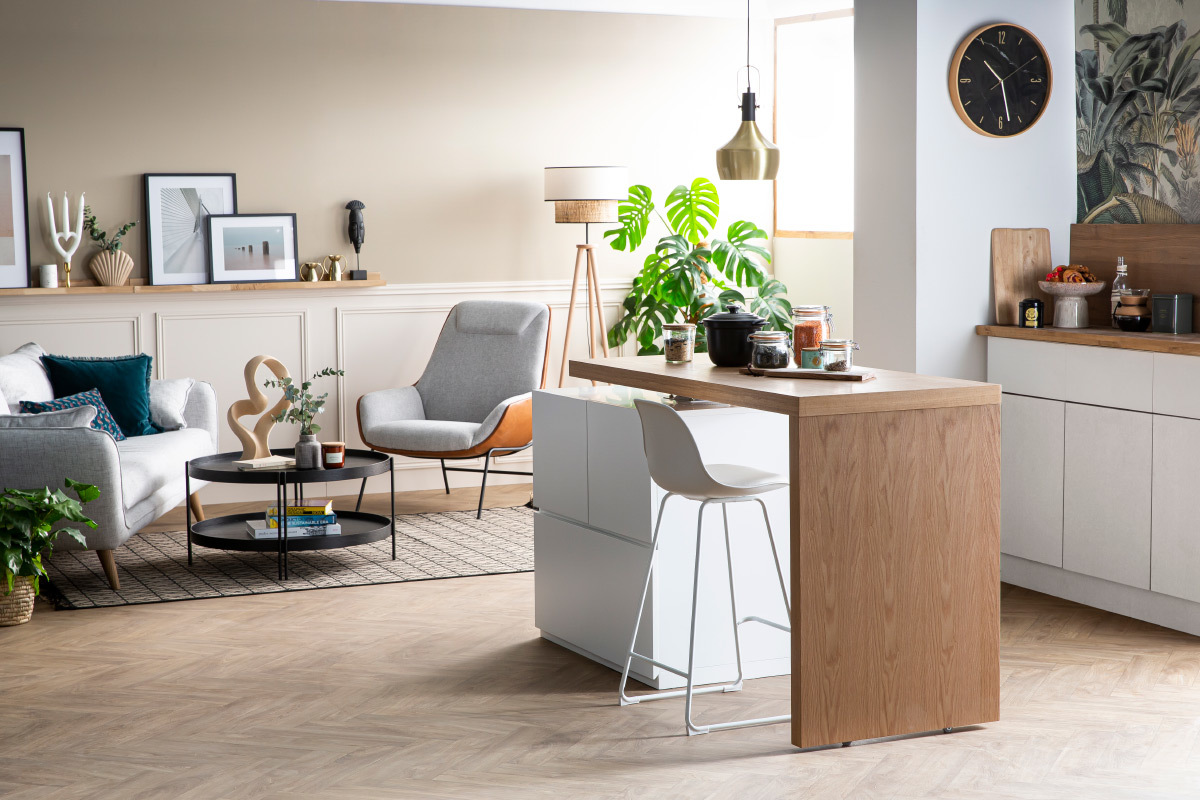 Mesa de bar modulable con almacenaje blanco mate y roble A91 cm MAX