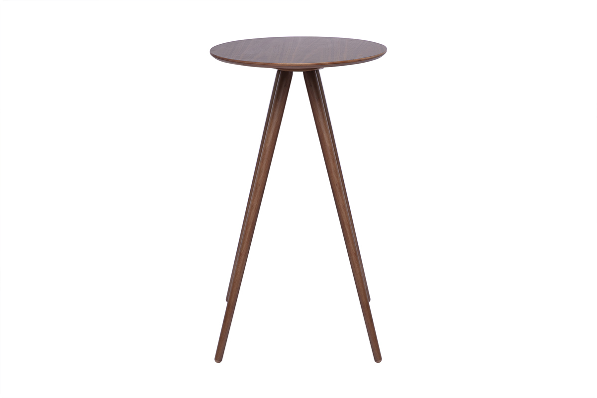 Mesa de bar redonda de madera oscura nogal, vista frontal, di�metro de 60 cm, altura de 104 cm.