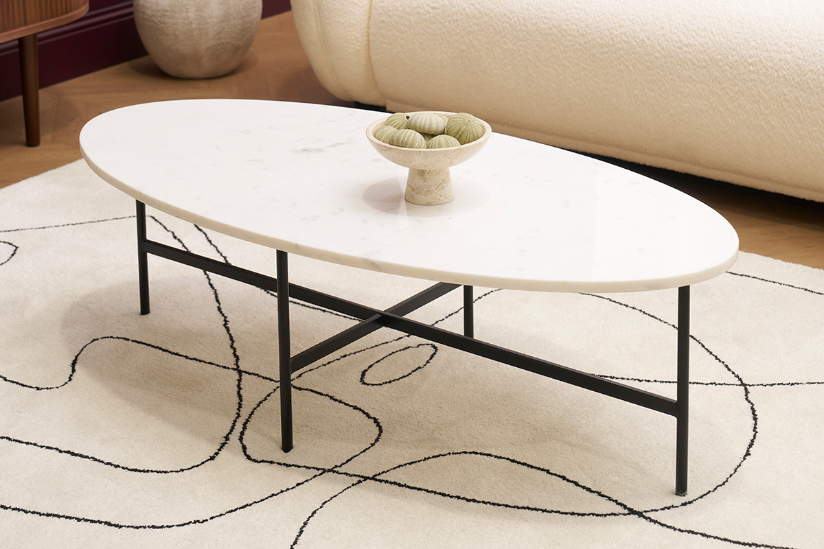 Mesa de caf oval de mrmol blanco y metal negro L115 cm CARRARE