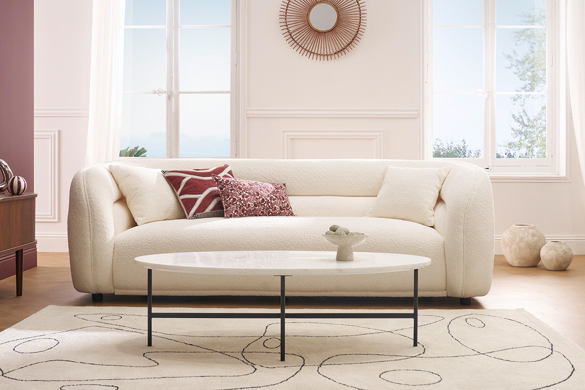 Mesa de caf oval de mrmol blanco y metal negro L115 cm CARRARE