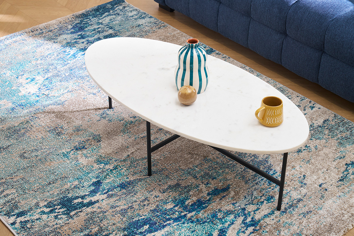 Mesa de caf oval de mrmol blanco y metal negro L115 cm CARRARE